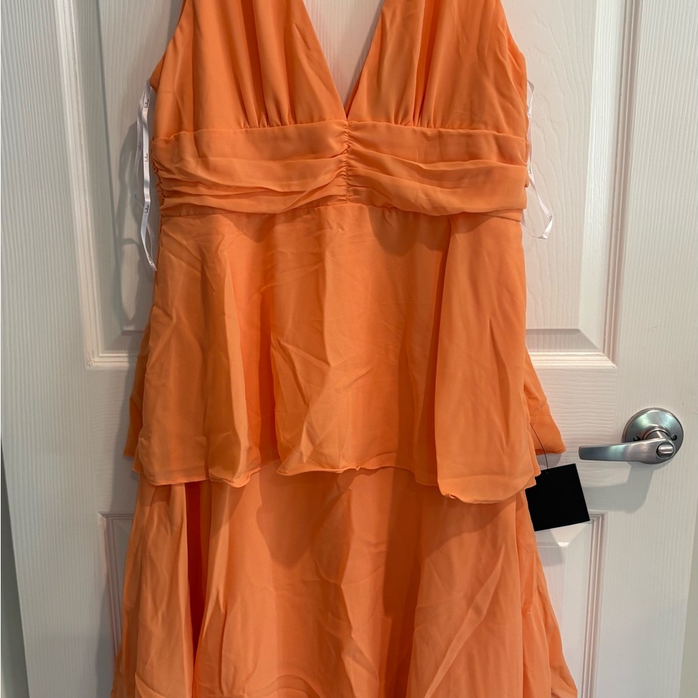 Lulu's Peach-Orange V-Neck Tiered Midi Dress